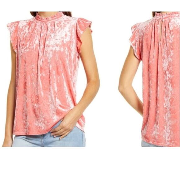 Gibsonlook Flutter Sleeve Ruffle Neck Crushed Velvet Top Sz Small in Coral NWT - Picture 2 of 8